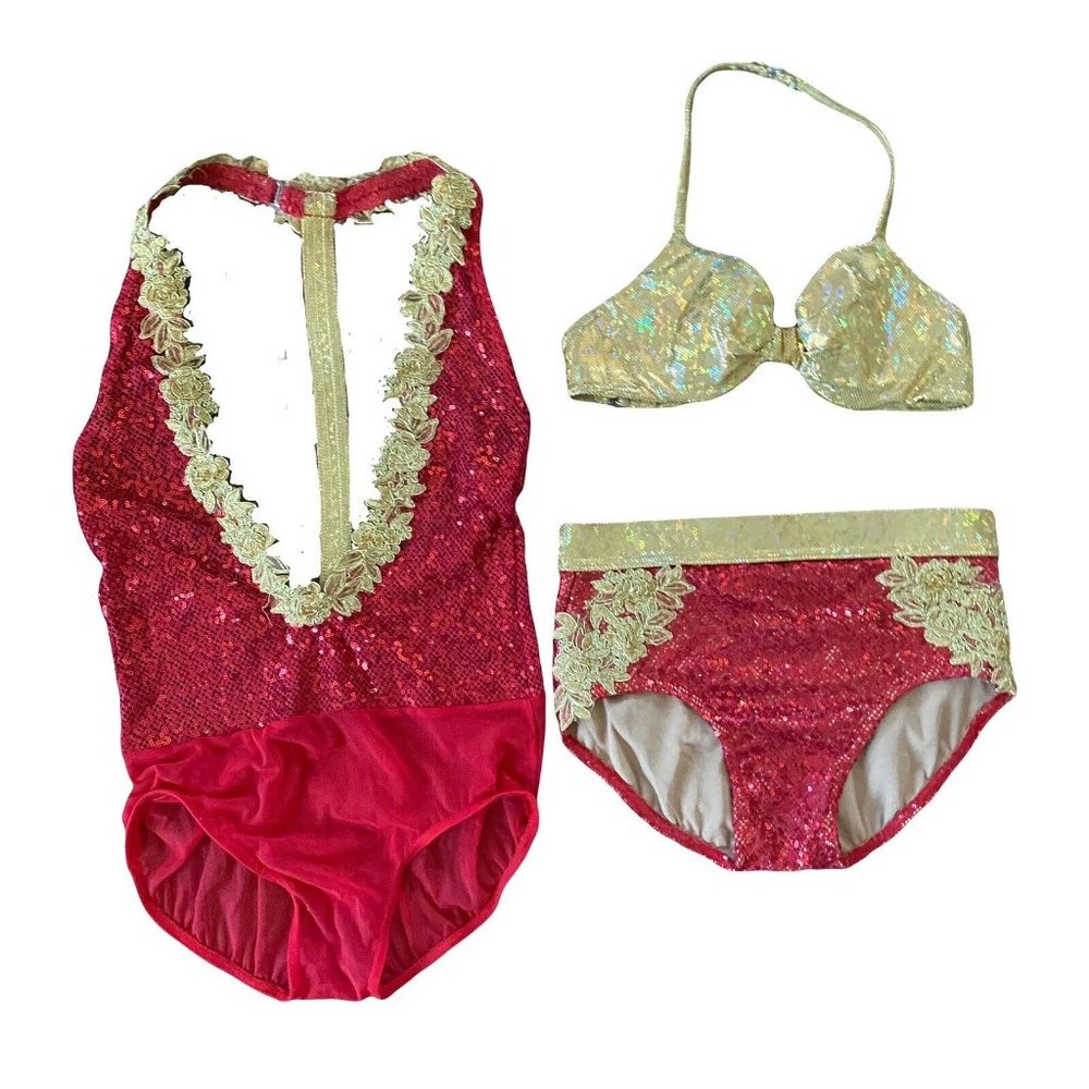 custom made adult xs/s jazz/musical theater dance costume red and gold